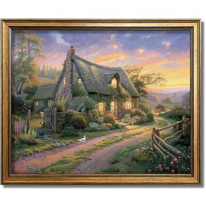 Vintage Framed Wall Art Country Cottage Painting Canvas Print Antique Gold Framed Wall Art Picture Wall Decor for Bedroom kitchen Living Room (cottage at dusk, 20L" x 16W")