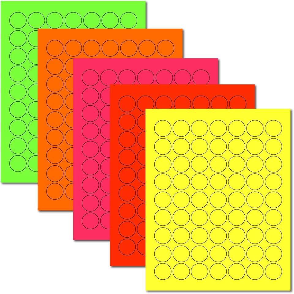 Fluorescent Round Stickers - 1" Round Labels - 63 Per Sheet - Assorted Bright Neon Color Rainbow Dot Stickers for High Visibility - Inkjet/Laser (1575 Labels, Multi-Color)