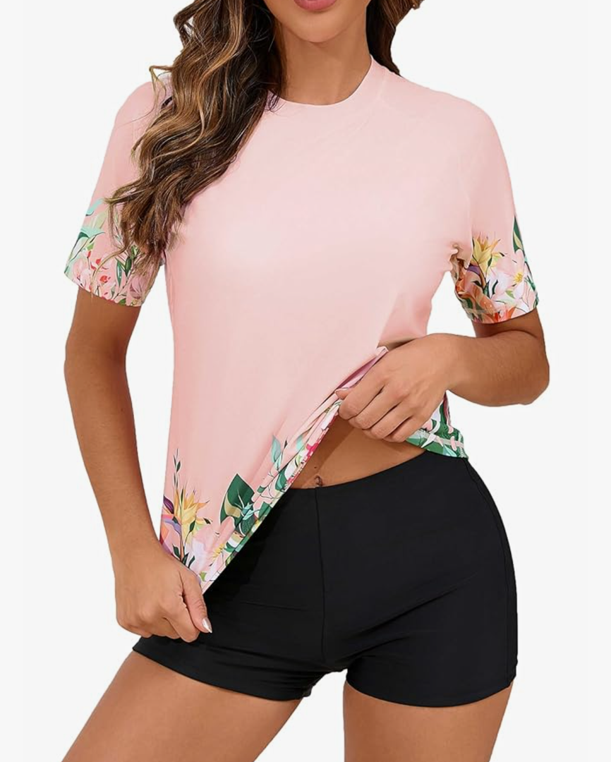 Halcurt Women's Built in Bra Rash Guard UPF 50 Two Piece Swimsuit Shirt and Board Shorts, Size L
