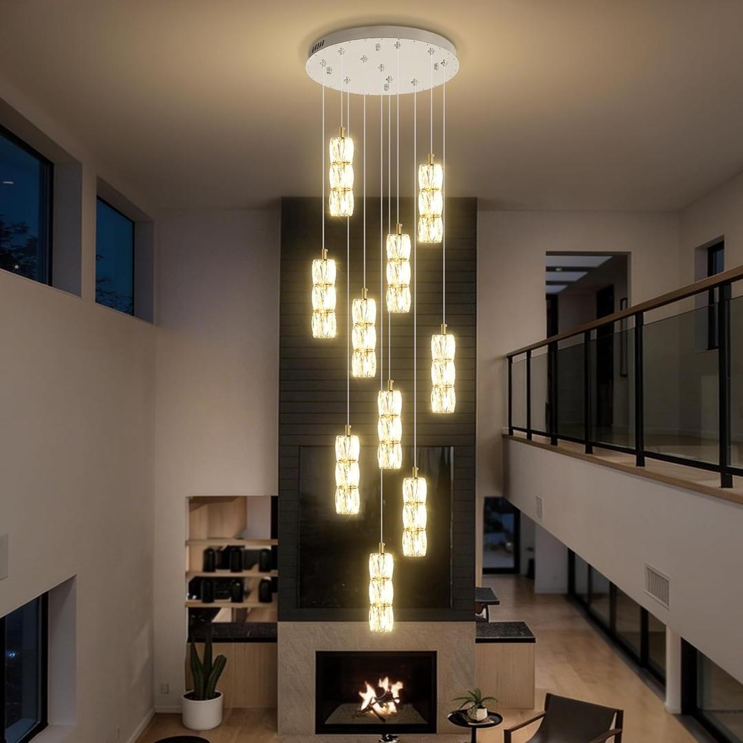 ykolupty Long Staircase Crystal Pendant Chandeliers 10-Lights Silver Column Crystal Chandeliers Foyer Entrance High Ceiling Hanging Chandelier 2700-6000k Dimmable Fixtures LED Big Chandeliers
