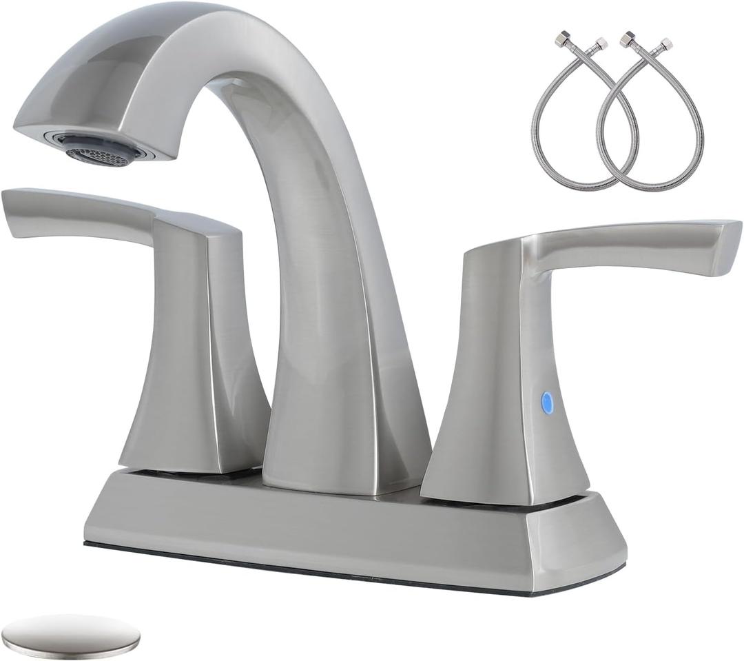 VXV Bathroom Faucet Brushed Nickel, 2 Handles Low Arc Bathroom Sink Faucets, 4 Inch Centerset Bath Lavatory Faucets with Pop-up Drain & Faucet Supply Lines (BN)