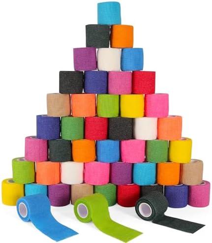 48 Pack Self Adhesive Bandage Wrap, 2” x 5 Yards Cohesive Medical Tape Elastic Grip Tape Black Sports Tape Athletic for Ankle, Wrist Sprains, Pet First Aid (Multi-Color)