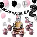 Bad Two The Bone Birthday Decorations,Include Banner Cake Toppers Cupcake Toppers,Party Music Themed Decorations with Balloons for Skeleton Rock and Roll Birthday(Black and Pink Balloons)