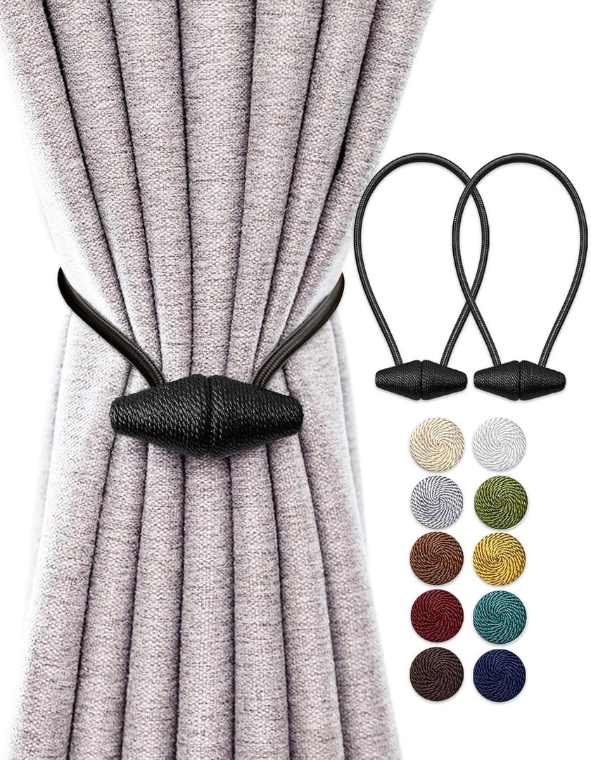 Magnetic Curtain Tiebacks with Upgrade Larger Magnet, 2 Pack 16 Inch Drapery Holdbacks for Indoor & Outdoor Curtain - Black