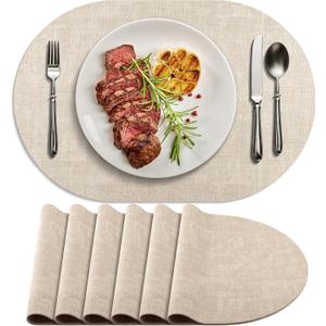 Placemats for Dining Table Set of 6 Non-Slip, Heat Resistant Oval Leather Placemat Double Layer, Waterproof Table Mats Easy to Clean for Kitchen Dining Room Coffee Office Table, Beige