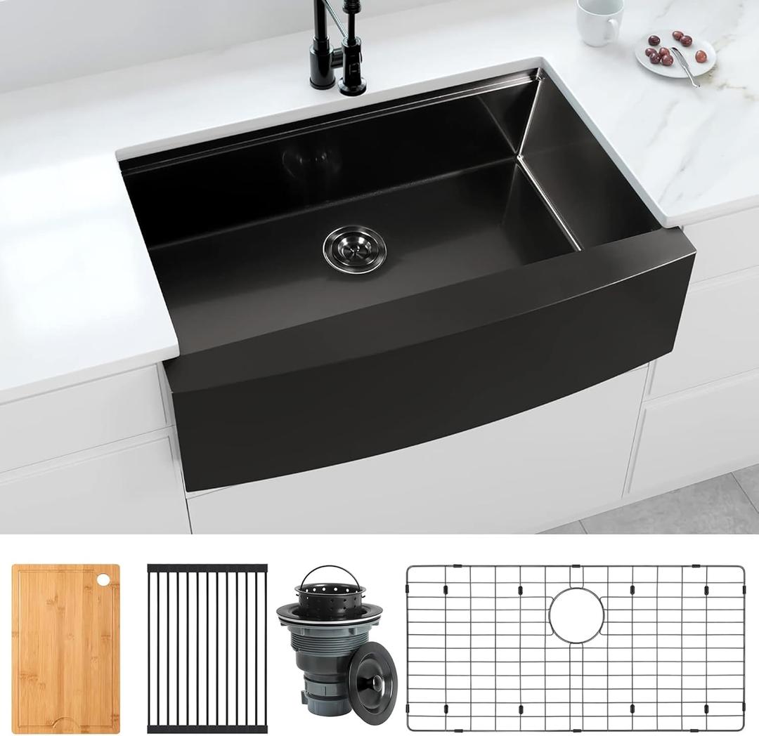33 Inch Black Farmhouse Kitchen Sink, 16 Gauge Stainless Steel Farm Sinks, Undermount Single Bowl Workstation Sink with Ledge & Accessories, 33" x 20" x 10" Large and Deep Black Kitchen Sink
