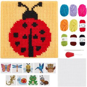 FREEBLOSS 10 Set Insect Theme Plastic Canvas Cross Stitch Kits with 11 Colors Yarn and 10 Different Patterns Plastic Mesh Canvas Coasters for Beginners