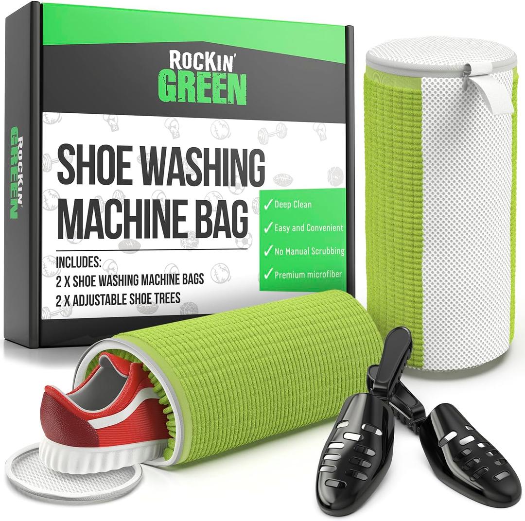 Rockin'Green Shoe Washing Machine Bag - 360 Deep Clean Shoe Washing Bag - Shoe Bag for Washing Machine with Cleaning Fibers - Reusable Sneaker Washing Machine Bag with Zipper (2 Pieces) (1 Pack)