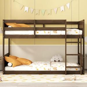 Twin Over Twin Floor Bunk Bed with Panelled Headboard and Footboard, Solid Rubber Wood Foundation with Safety Guardrails, Built-in Ladder,Antique Oak