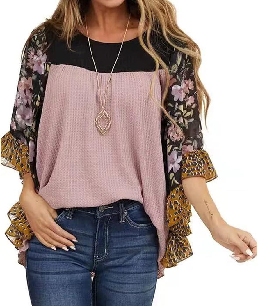 CASURESS Womens Floral Printed 3 4 Sleeve Shirt Batwing Loose Tops Blouses Pullover (Large, Type 7)