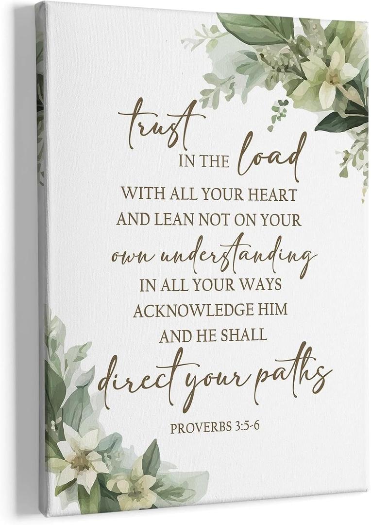 HIWX Christian Wall Decor, Proverbs 3 5-6 Bible Verses Sage Green Botanical Framed Canvas Painting Wall Art Decor, Religious Wall Art Home Decoration for Bedroom Living Room Church Office, 11x14