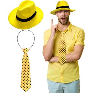 2 Pcs Yellow Hat Costume for Men Women Halloween Cosplay Outfit Set Retro Wide Brim Felt Hat with Black Belt Yellow Tie with Black Polka Dots