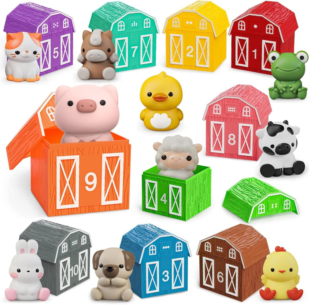 Learning Toys for 1 2 3+ Year Old Toddlers, 20pcs Farm Animals Barn Toys Finger Puppets for Kids, Montessori Counting Matching & Color Sorting Toy Set, Easter Christmas Birthday Gift for Baby Boys Girls