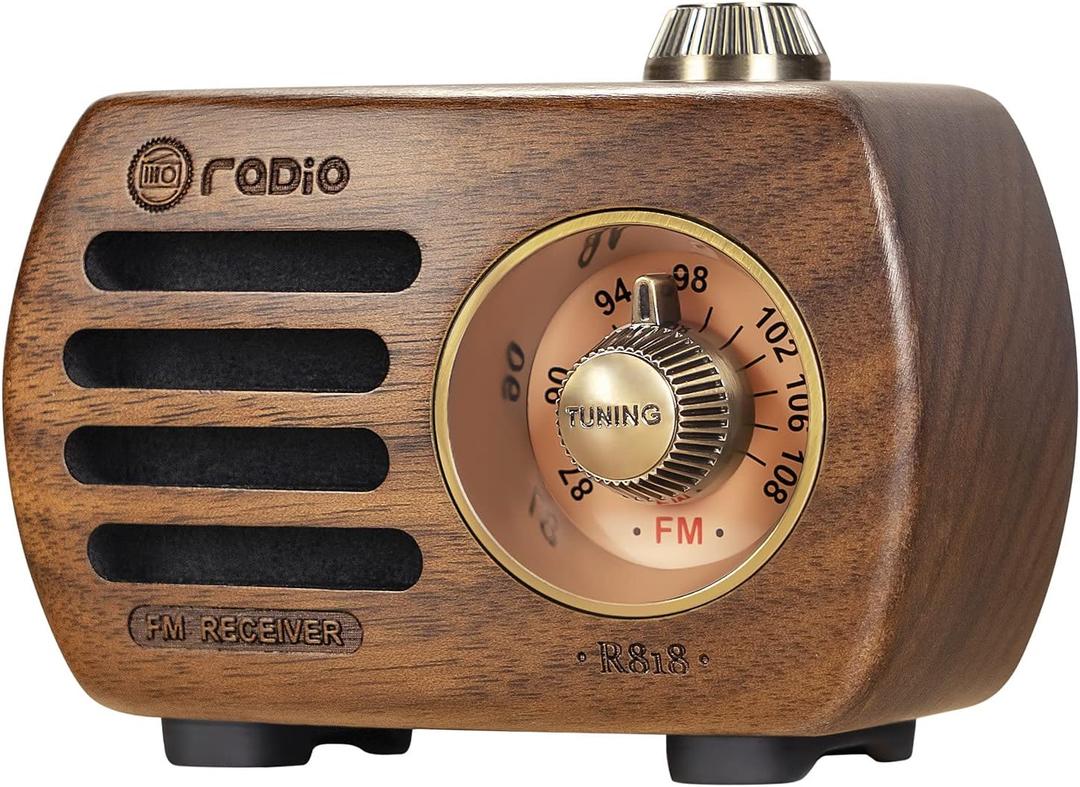 PRUNUS Wood Retro FM Radio Bluetooth Mini Portable Wooden Old Vintage Radio Speaker, Rechargeable Battery Operated, Strong Bass Enhancement, Loud Volume, Support AUX in (Walnut) R-818 (Brown)