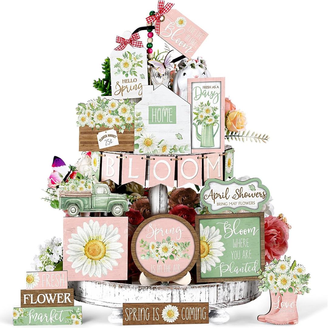 Hushee 20 Pcs Spring Flower Tiered Tray Decor Set Rustic Farmhouse Daisy Floral Wooden Sign Table Decorations for Spring Home Kitchen Shelf Tabletop Centerpiece