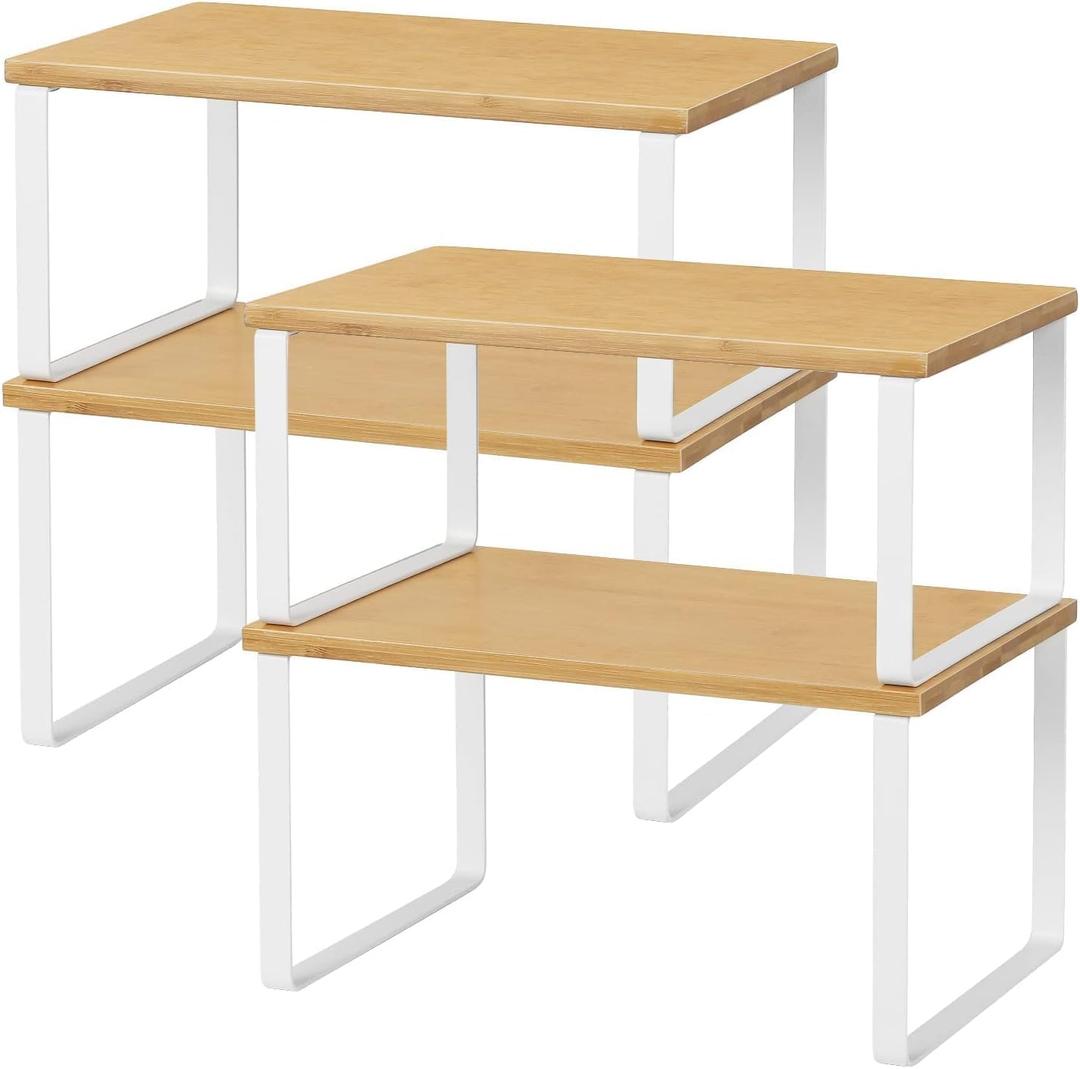 NEX Bamboo Kitchen Cabinet and Counter Shelf Organizer, Stackable & Expandable, Set of 4, White and Natural (11.7''W)