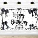 Coquette Birthday Decorations Black Bow Happy Birthday Backdrop Black Bow Bday Decorations Girls Women Photography Backgrounds, 5.9 * 3.6Ft