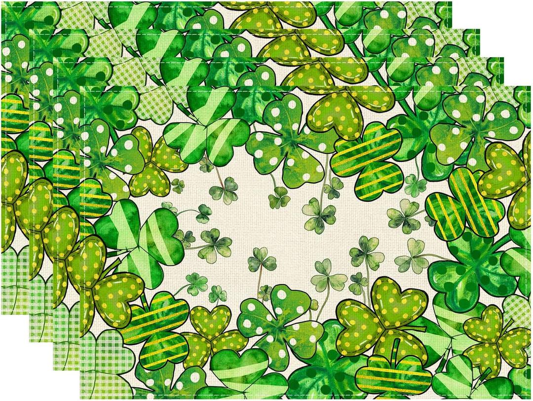 2 x XCHI Watercolor Green Shamrocks Clovers St. Patrick's Day Placemats Set of 4 Table Mats for Party Home Kitchen Dining Table Decorations 12x18 Inch