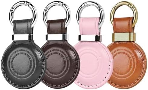 MOLOVA 4 Pack Genuine Leather Handcrafted for Airtag Holder Keychain, Compact Design with Airtag Keychain, Secure for Airtags Holder with Stainless Steel Ring Lock, Black/Vintage Color/Pink/Brown