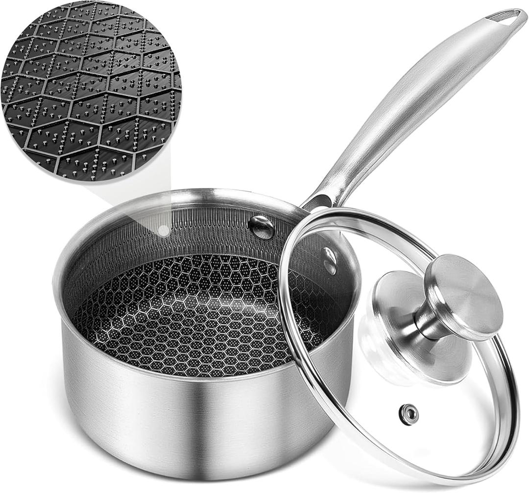 AuFranc Hybrid Nonstick 1 Quart Stainless Steel Saucepan with Glass Lid, Induction Sauce Pan with Honeycomb Carving, Non-stick Sauce Pot Compatible with All Cooktops, Dishwasher Safe, Non-Toxic