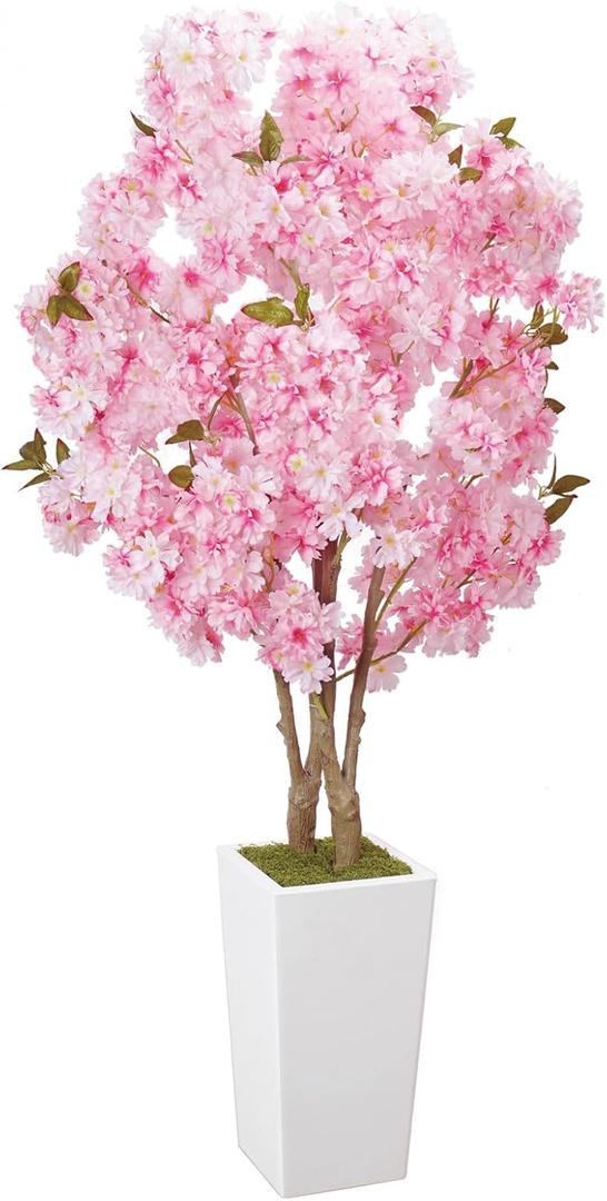No-Splice Trunk Artificial Cherry Blossom Tree 5FT, Realistic Fake Tree Indoor Plants for Spring, Faux Cherry Tree with Tall White Planter for Living Room Bedroom Office Entryway Home Decor