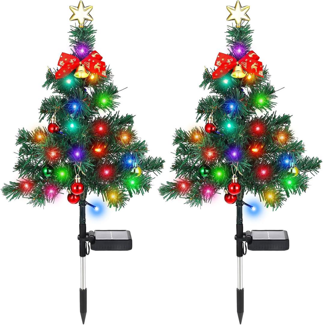 Baquler 2 Pcs Solar Christmas Tree Garden Stake Lights Outdoor Christmas Tree Yard Decorations Multicolor Solar Stakes for Pathway Lawn Patio Xmas Ornament (Vibrant Style)