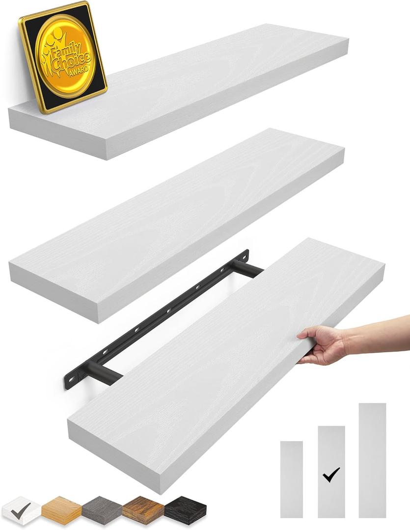 BAYKA Floating Shelves for Wall, 22.5 inches Wall Mounted Rustic Wood Shelves for Bathroom, Bedroom, Living Room, Floating Shelves for Books/Storage/Decor (White,Set of 3)