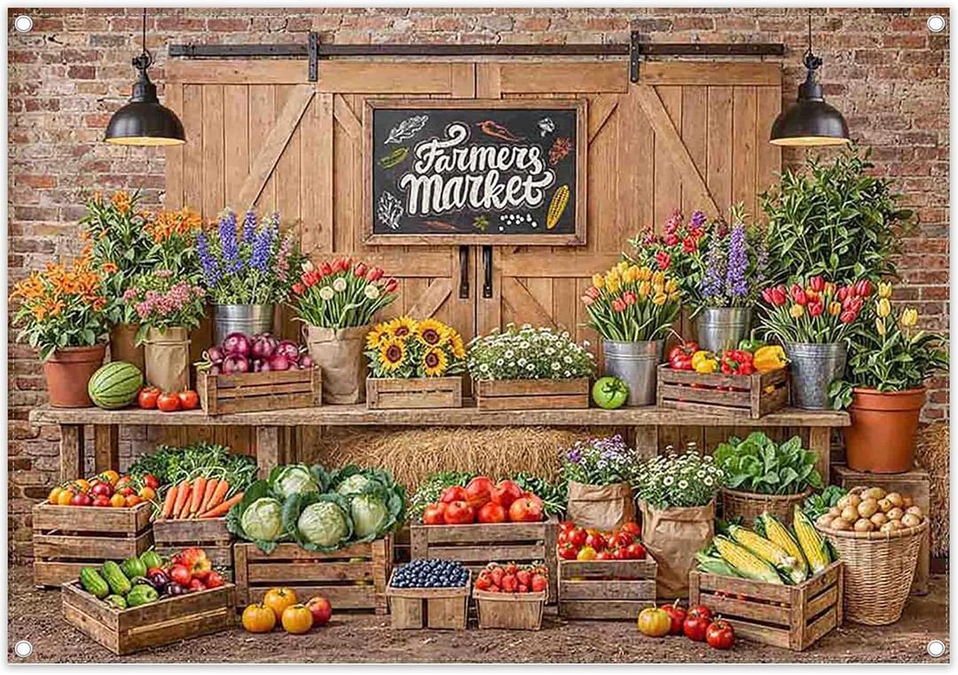 7x5ft Fabric Farmers Market Backdrop Fresh Vegetables Flowers Wooden Barn Spring Photography Background Baby Shower Birthday Party Decorations Photo Banner Props