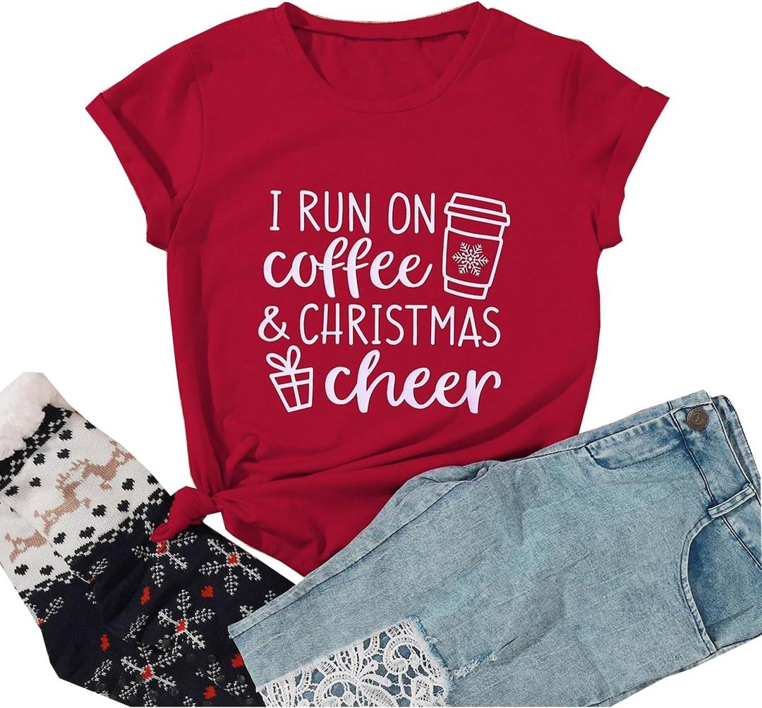 I Run On Coffee and Christmas Cheer T Shirt Women Xmas Coffee Lover Shirts Cute Graphic Holiday Casual Tee Tops (Red, L)