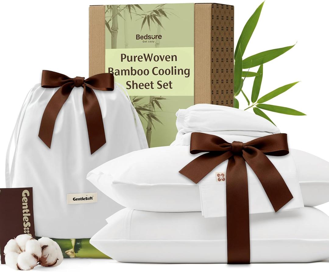 Bedsure Bamboo Viscose Cooling Sheets, Rayon Cotton Serene Blend, PureWoven, Breathable & Buttery Soft Queen Size Bed Set, Deep Pocket Up to 18", Hotel Luxury Bedding for Hot Sleepers, White