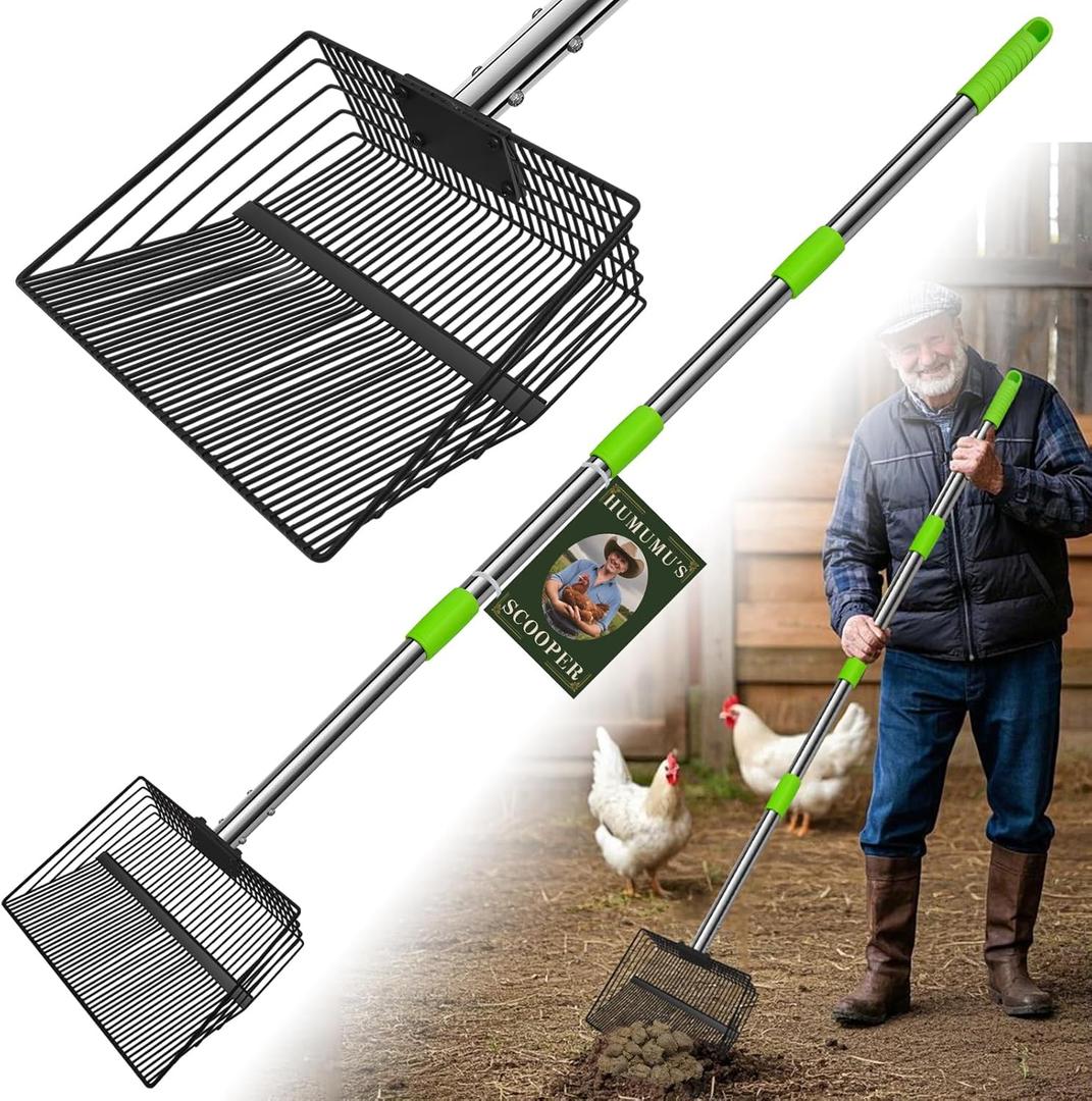 12inch Large Chicken Poop Scooper2 Widths of Slots Litter Sifting Shovel 23 to 66"Chicken Coop Litter Scoop with Stainless Steel Handle, 4 in 1 Multifunctional Heavy Duty Chicken Coop Accessories