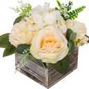 DILATATA Flower Arrangement with Wooden Vase 8" Artificial Flowers in Pot - Fake Flowers Roses Peonies Hydrangeas in Wooden Vase Potted Flower Centerpieces for Table Decor - Pale Yellow