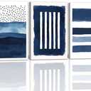 Blue Abstract Wall Art Canvas - Navy and White Framed Painting for Living Room, Bedroom, Office Decor - 16x24 Inches Set of 3(Blue,16.00" x 24.00" x 3Pcs)