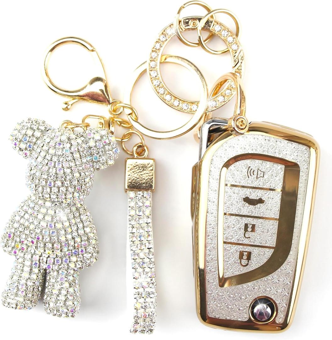 Cute Key Fob Cover with Rhinestone Bear Charm, Bling TPU Smart Key Case for Women, Compatible with Toyota 4Runner,Avalon,Camry Corolla Fortuner Highlander RAV4 LE (4-Button, Gold White)