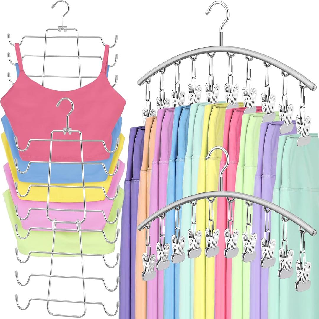 TomCare 2 Pack Tank Top Hanger and 2 Pack Leggings Organizers Space Saving Sport Bras Organizer Metal Yoga Pants Hangers with 20 Clips Hanging Closet Organizers and Storage, Grey (Gray)