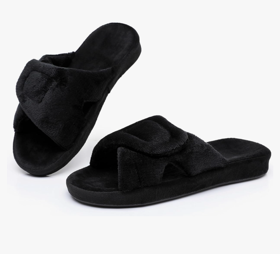 Git-up Women's Adjustable Diabetic Slippers Memory Foam House Shoes Cozy Arch Support Orthotic Heel Cup Arthritis Edema Slippers Non Slip Rubber Sole, Open Toe Fuzzy Slide Sandals for Ladies 9