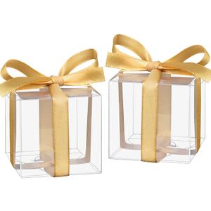 Hooqict 50pcs Favor Boxes 2x2x2 Inches Clear Party Favor Boxes with Ribbons Small Plastic Gift Candy Treat Boxes for Wedding Favors Baby Shower Birthday Classroom (Gold)