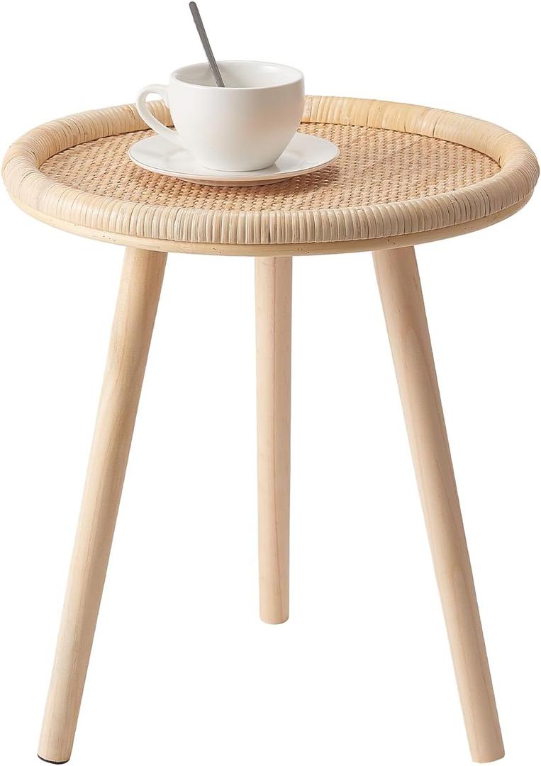 Small Side Table, Rattan Round Coffee Table, Boho Circle Side Tables End Table for Living Room, Mid Century Accent Table for Bedroom Balcony (Wooden)
