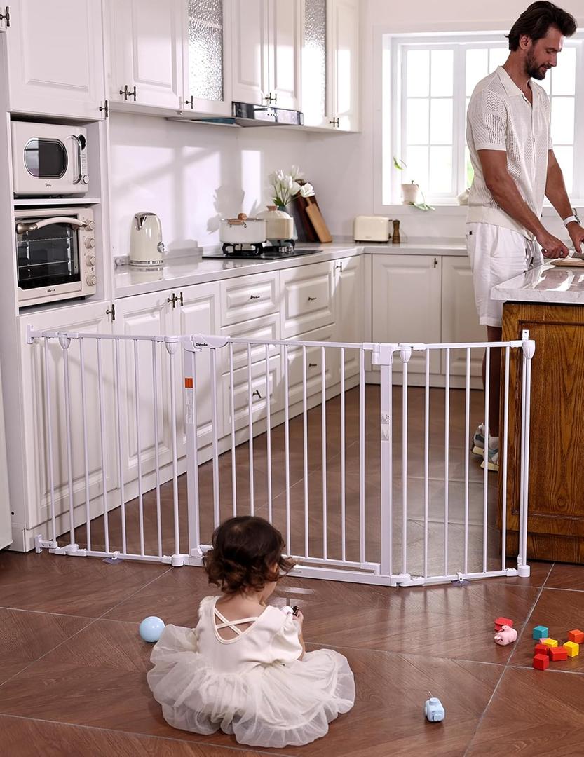 Babelio 71" Extra Wide Baby Gate, 30" Tall Auto Close Dog Fence for Stairs Kitchen Doorways Fireplace, Hardware Mounted Pet Gate Indoor, Foldable 3 Metal Panels, White