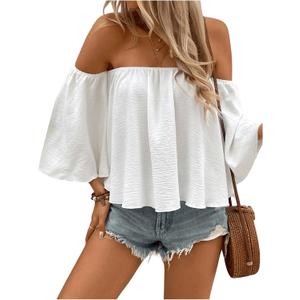 SweatyRocks Women's Sexy Cute Off Shoulder Ruffle Hem Flowy Chiffon Blouses Top (Large, White) SweatyRocks Women's Sexy Cute Off Shoulder Ruffle Hem Flowy Chiffon Blouses Top (Large, White)