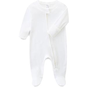 Baby Romper 100% Cotton Pajamas One Piece Long Sleeve Zipper Footie Onesie for 0~12M Baby (0-3 Months, White)