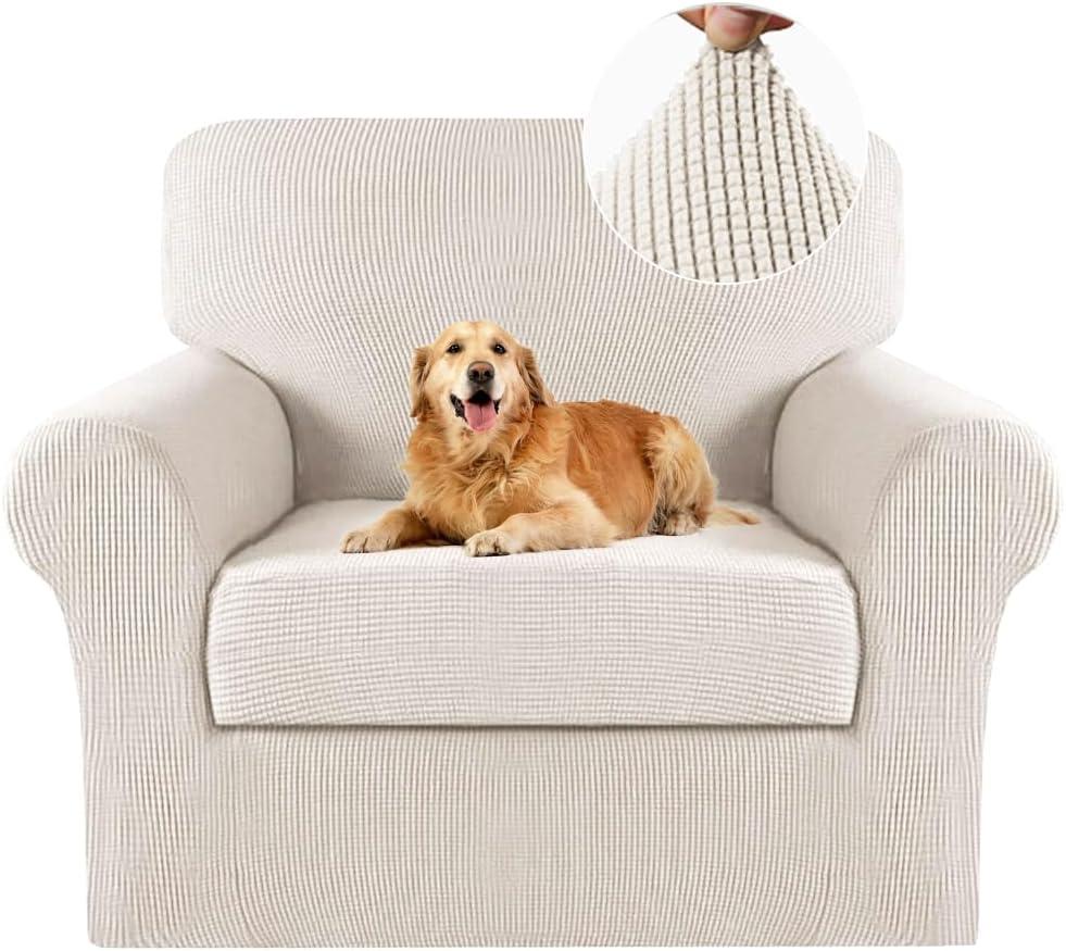 Turquoize 2 Piece Chair Covers Chair Slipcovers for Living Room Armchair Sofa Covers Chair Couch Cover with Arms Washable Furniture Protector for Chairs Feature Thick Jacquard Fabric (Chair, Ivory)