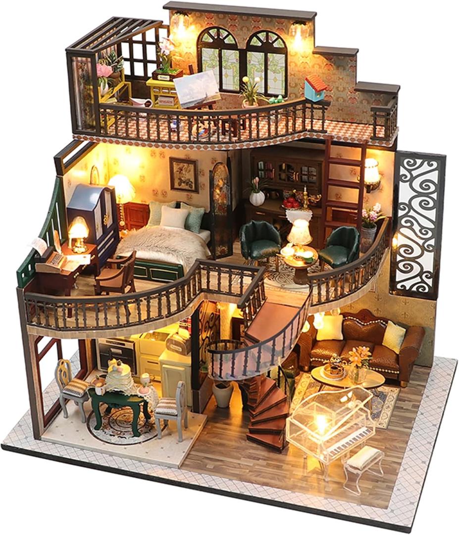 Lannso DIY Dollhouse Miniature Kit, Doll House Kit with Dust Proof Cover and Music Box, Mini Wooden Dollhouse Toys for Adult Gift (M2132)