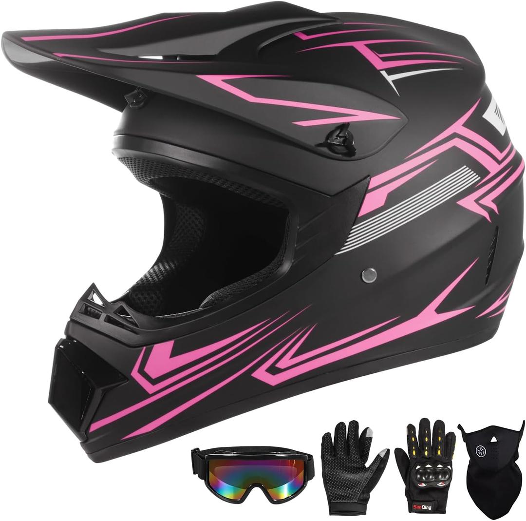 Youth Motocross Helmet for Kids - DOT Approved Full Face Off-Road Mountain Bike ATV Dirt Bike Safety Gear With Goggles, Gloves, and Mask (Small, Pink) Youth Motocross Helmet for Kids - DOT Approved Full Face Off-Road Mountain Bike ATV Dirt Bike Safety Gear With Goggles, Gloves, and Mask (Small, Pink)