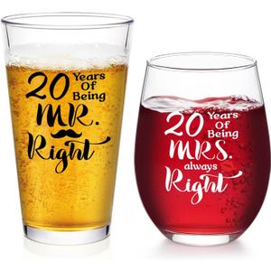 Futtumy 20th Anniversary Glass Gifts Set, 20 Years of Being Mr Right & Mrs Always Right 17oz Wine 15oz Beer Glass, 20th Wedding Anniversary for Wife Husband Couple Parents Grandparents Friends