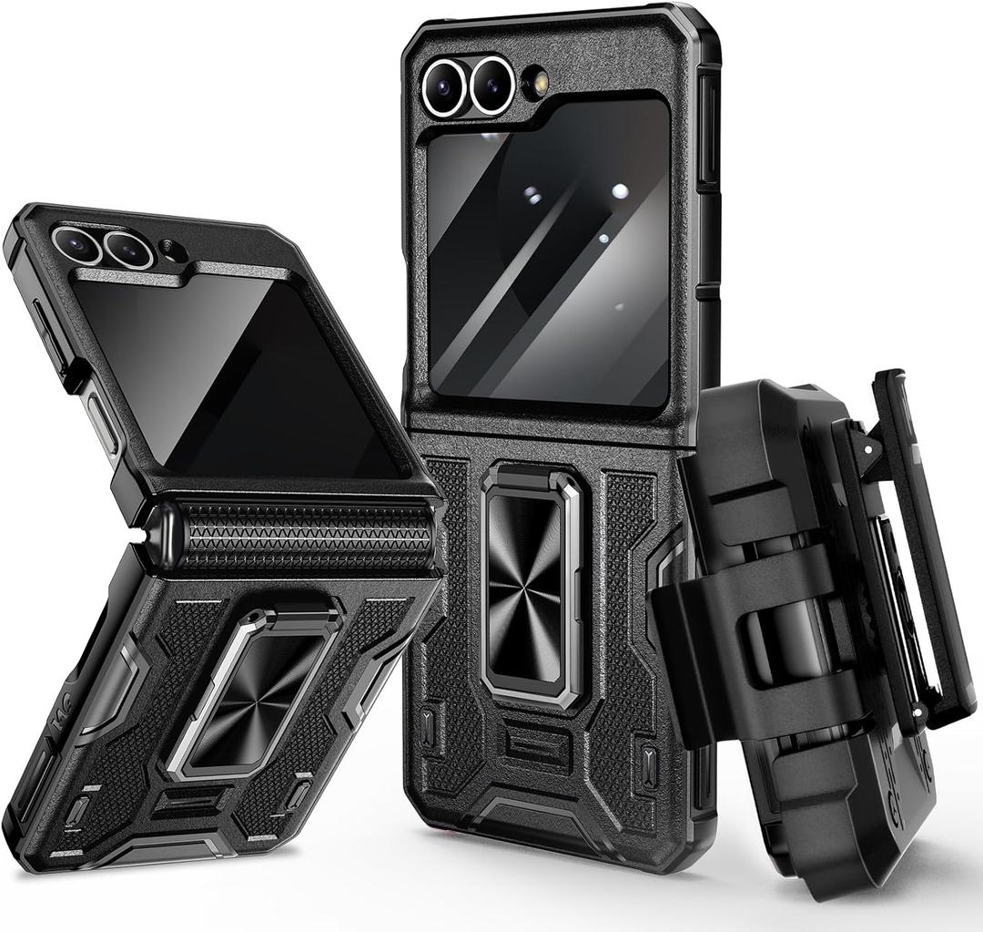 VEGO for Galaxy Z Flip 6 Case, 360° Rotatable Ring Kickstand & Belt Clip Holster & Privacy Camera Screen Protector & Hinge Protection, Shockproof Case for Samsung Flip6 5G - Privacy Black