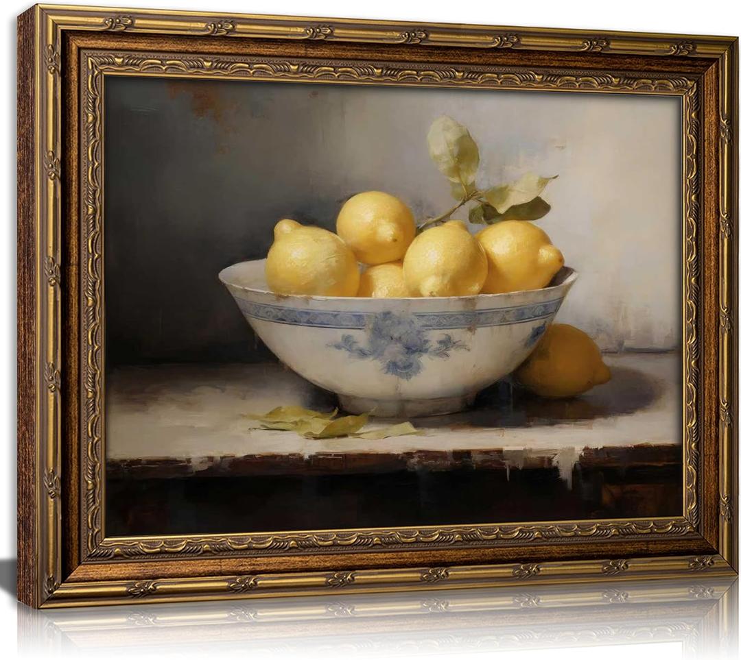 Vintage Gold Framed Kitchen Wall Art Retro Rustic Farmhouse Painting Canvas Picture Wall Decor Yellow Lemon Still Life Antique Fruit Poster PrintArtwork for Living Room Bedroom Home Decoration, 11"L x 9"W