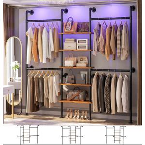 Aheaplus Industrial Pipe Clothing Rack, Reversible 6.42FT Clothes Rack for Hanging Clothes, Heavy Duty 5-Tier Closet Wardrobe Garment Racks with Shelves, Corner Closet Organizer System, Rustic Brown