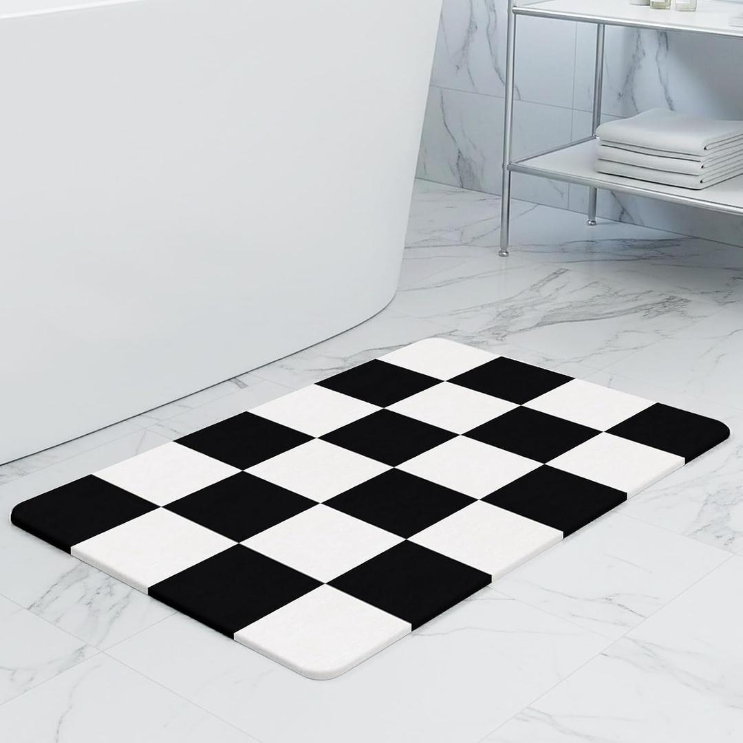 THMINS Black and White Checkered Stone Bath Mat, 24''x16'' Non-Slip Diatomaceous Earth Stone Bath Mat, Super Absorbent Quick Drying for Bathroom, Easy to Clean, 23.6x15.4''