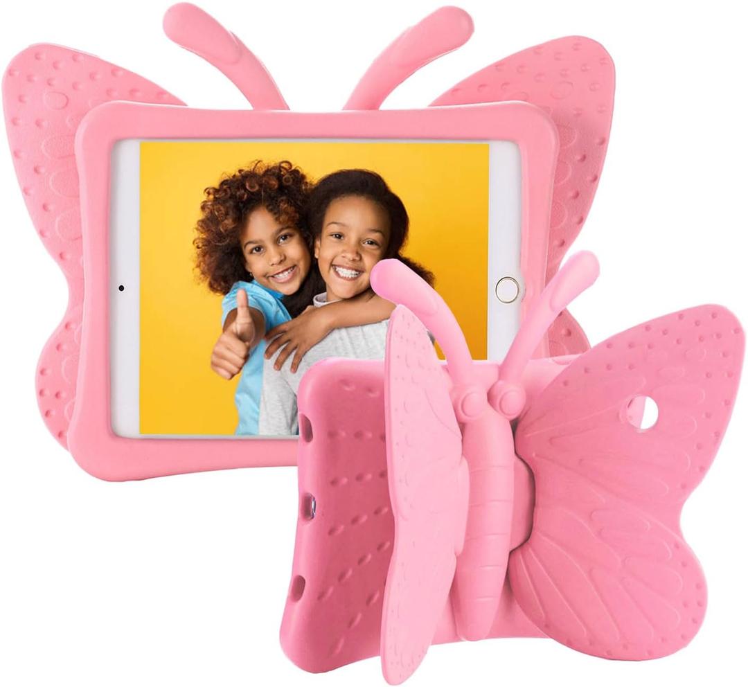Kids iPad 6th Generation Case, iPad 5th Generation Case, iPad Air 2 Case for Kids,Cute Butterfly Shockproof EVA Foam Super Protection Stand Cover for 9.7" iPad Air/Air 2 iPad 2017/2018 - Pink